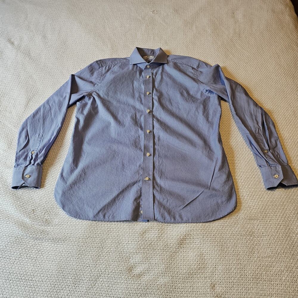 Boggi Milano Shirt Mens 42 16½ Blue White Tight Plaid Cotton Tailored Fit Dress